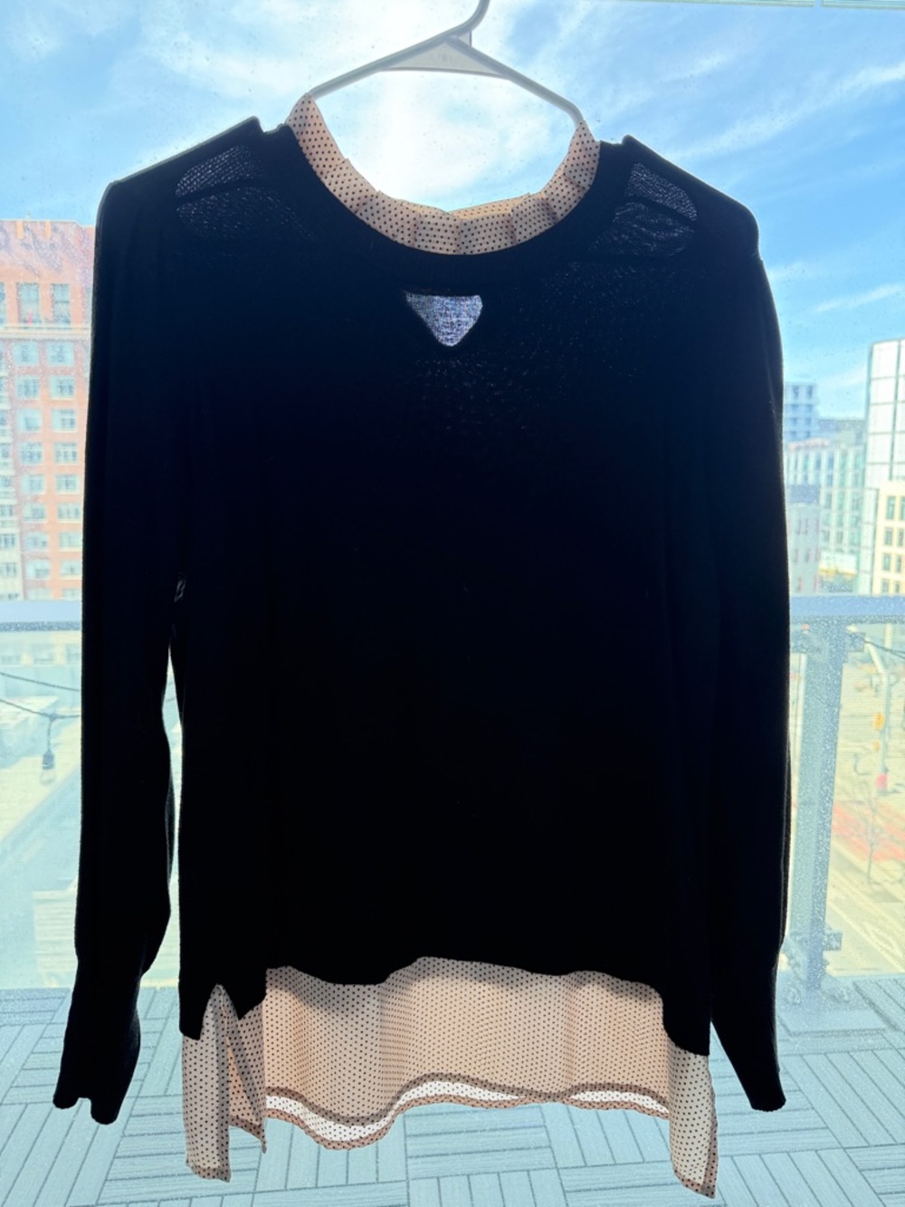 Adrianna Papell Black Top with Peach Polka Dot Ruffle